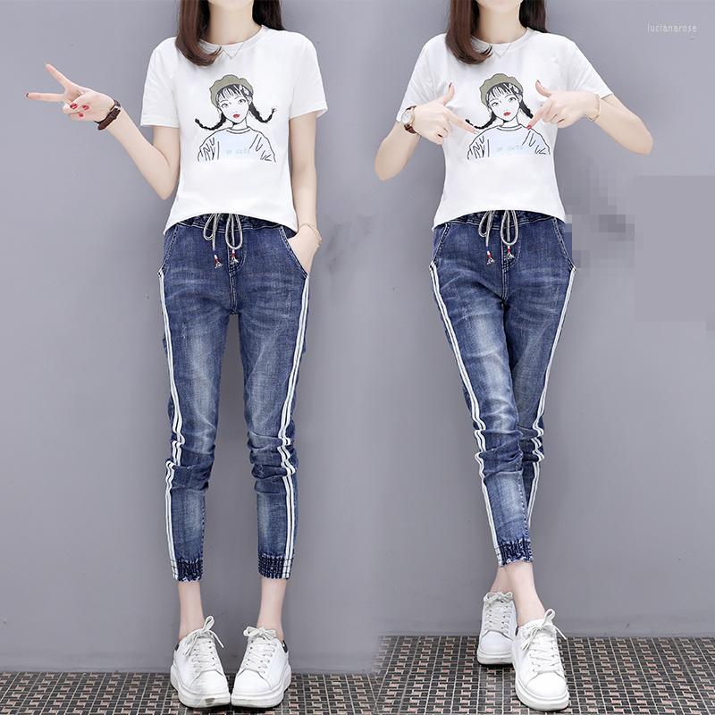 

Women's Tracksuits Fashion In 2022 Women Sequined Cartoon Picture Pattern Letter Short Sleeve Tshirt Jeans 2PCS Clothing Sets Suits, White fawn