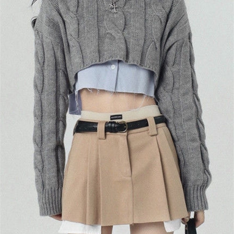 

Women's Sweaters HOUZHOU Cropped Sweater Women Vintage Preppy Style Slim Casual Long Sleeve Knit Sweater with Shirts Y2k Autumn Korean Streetwear 221006, Gray