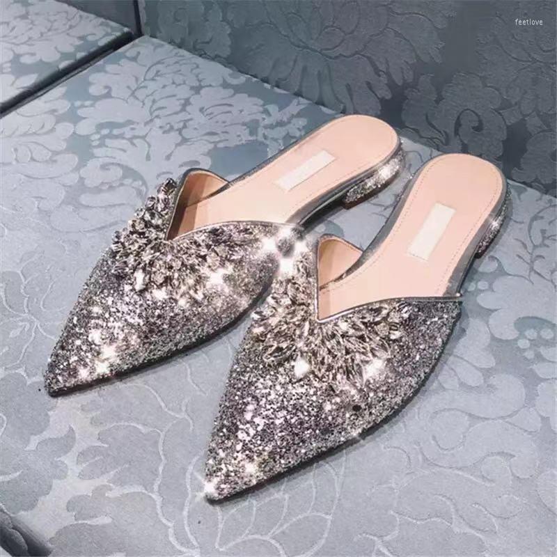

Slippers Summer Silver Sequins Mules Bling Rhinestone Open Toe Zapatos Casual Flat Shoes Crystal Low Heels Slingback Loafers