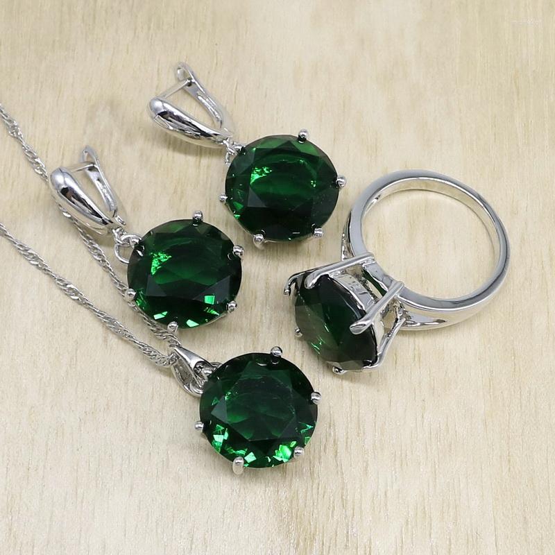 

Necklace Earrings Set 925 Sterling Silver Green Cubic Zircon Earrings/Pendant/Necklace/Ring For Women Free Box Wedding Christmas Gift, Picture shown