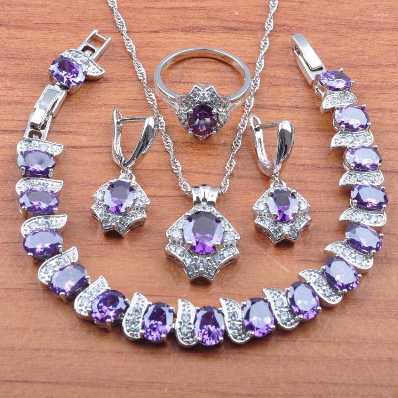 

Necklace Earrings Set Top Quality Purple Crystal 925 Sterling Silver Jewelry For Women Pendant Rings Bracelet JS0486, Picture shown