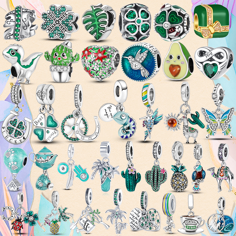 

925 Silver Fit Pandora Charm 925 Bracelet Lucky Clover Green Charms Four Leaf Cactus Chameleon Love charms set Pendant DIY Fine Beads Jewelry