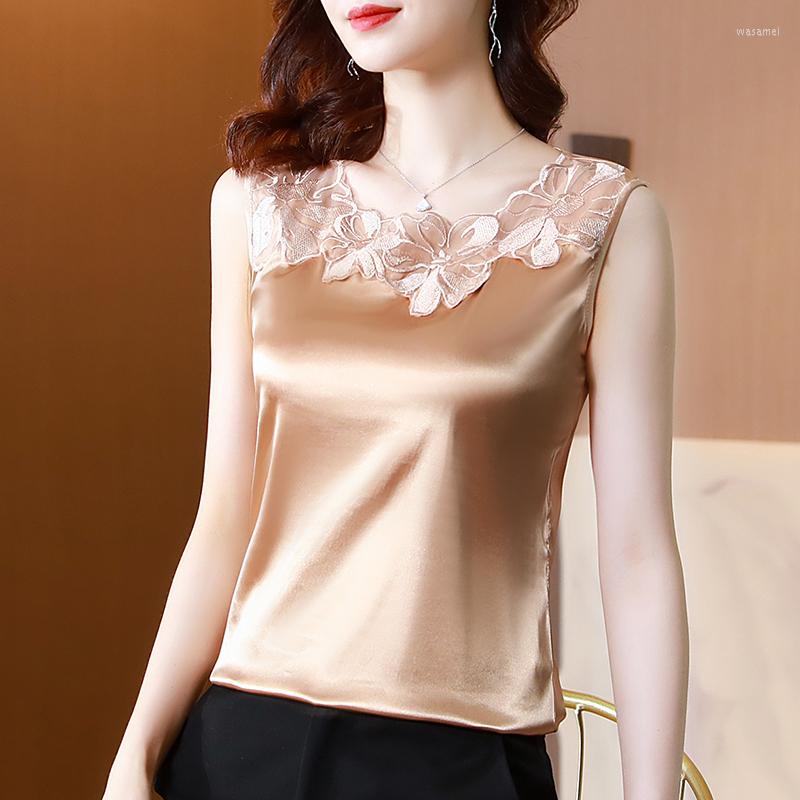 

Women's Blouses Fashion Blouse Women Silk Sleeveless Vest Satin Ladies Tops Appliques Elegant Blue Womens And Basic Woman Clothing, Black