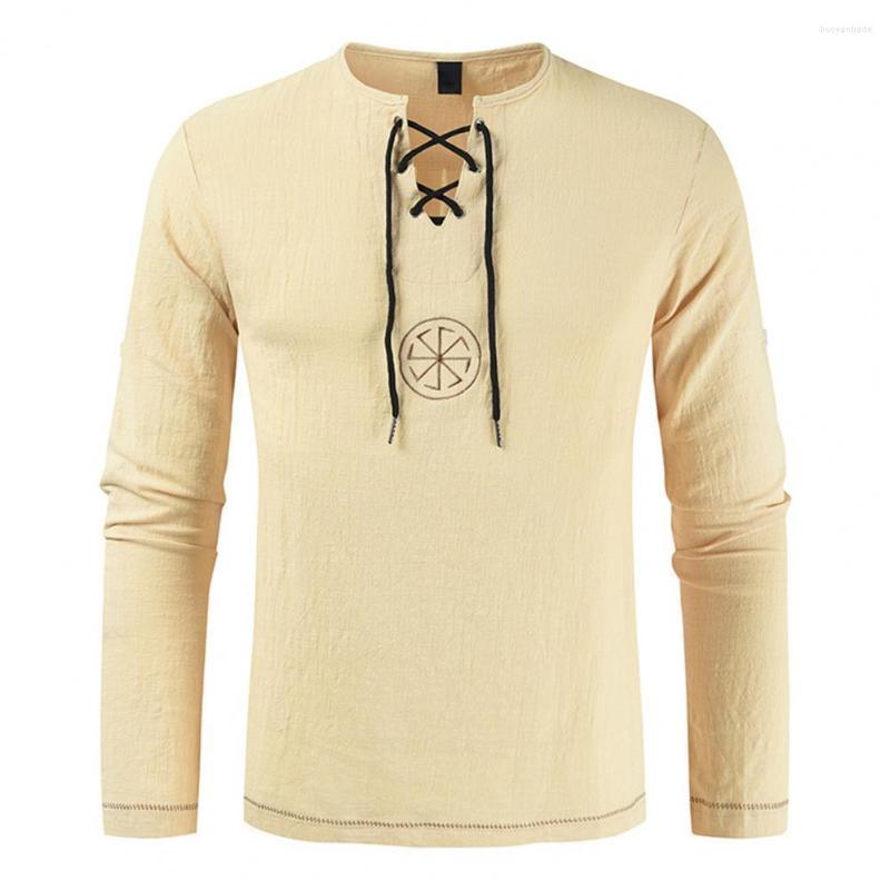 

Men's T Shirts Men Shirt Embroidery V-neck Solid Color Long Sleeve Lace Up Top For Outdoor, Khaki