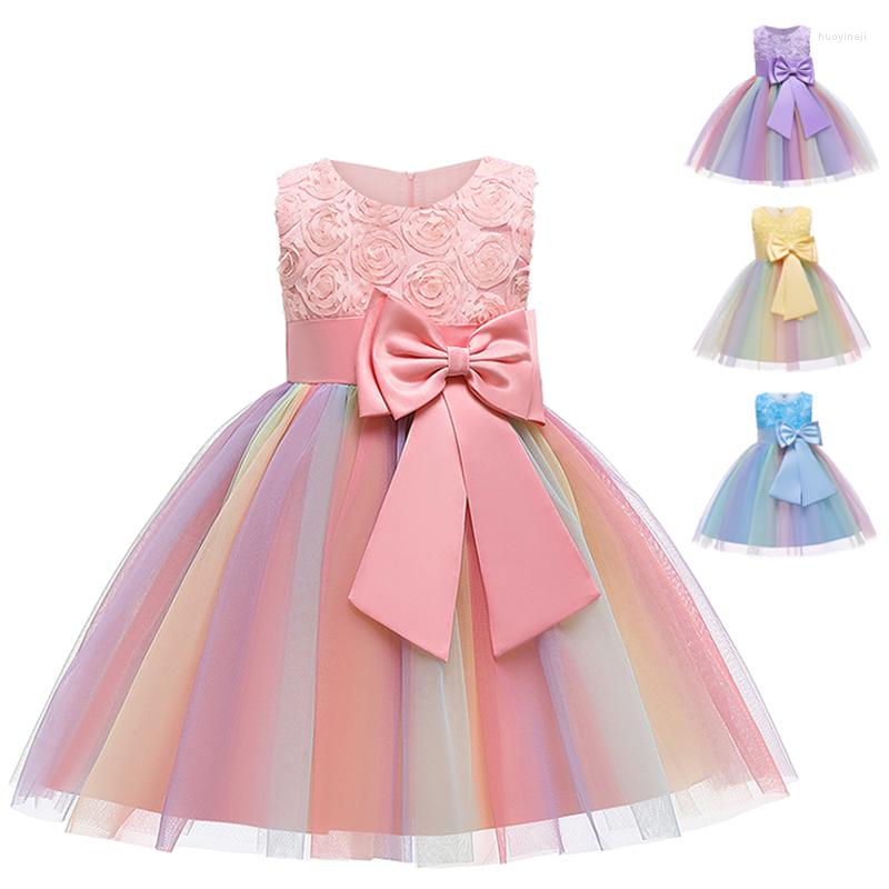 

Girl Dresses Girls Birthday 4 Colours Cute Big Bow Rainbow Mesh Summer Dress Fashion Rose Flowers 3-9 Y Baby Clothes, As the picture