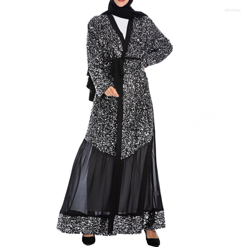 

Women' Trench Coats Windbreaker Fashion 2022 Luxury Mosaic Sequin Lace Patchwork Solid V Neck Muslim Robe Coat Women, Black
