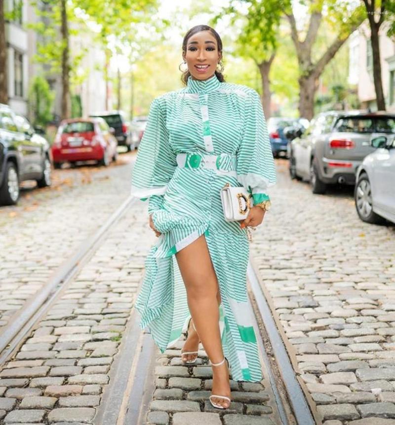 

Casual Dresses Long Skirt A-line National Style Loose Large Stripe Temperament Commuter Middle Waist Pullover Green Dress