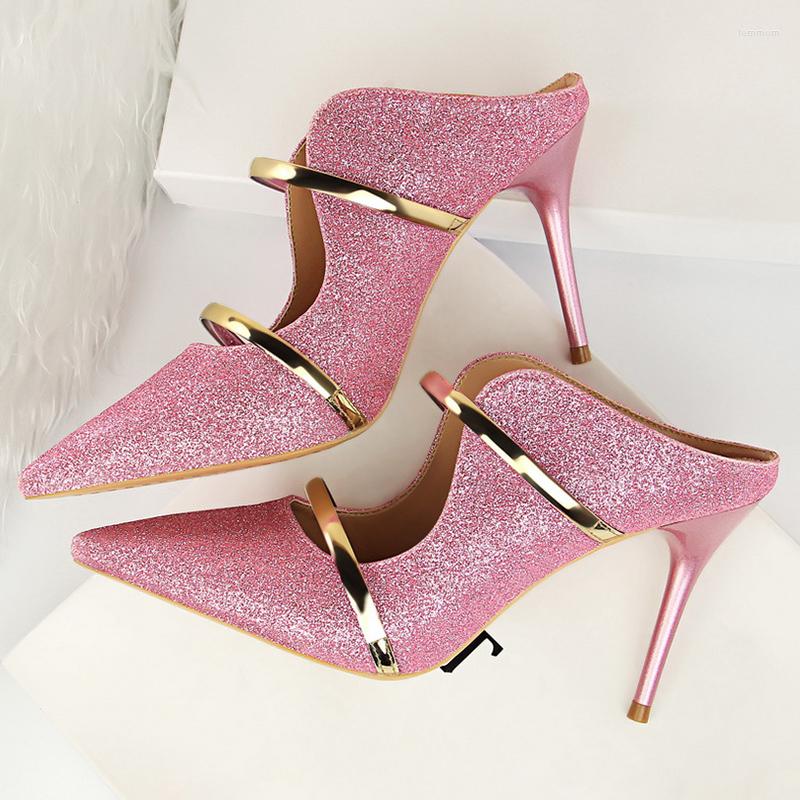 

Sandals 2022 Women Summer 9cm High Heels Glitter Lady Bling Mules Slingback Silver Pumps Female Gold Pink Bridal Quality Shoes, Black
