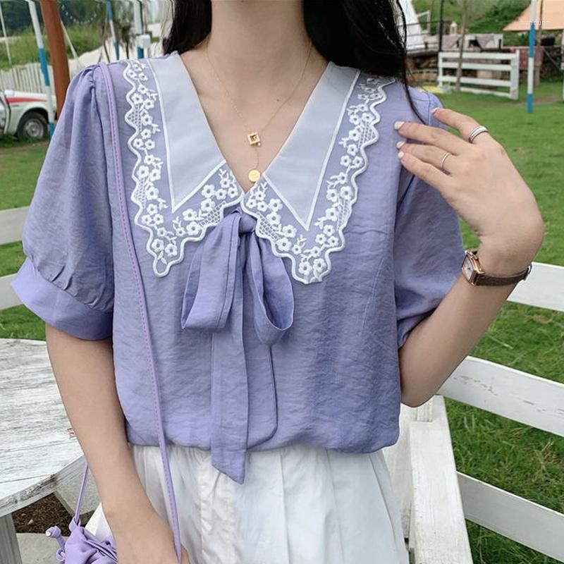 

Women' Blouses Blouse Women Short Sleeve Solid Color Lace Puff Female Tops Vintage All-match Elegant Ladies Chiffon College Lovely Clothing, Purple