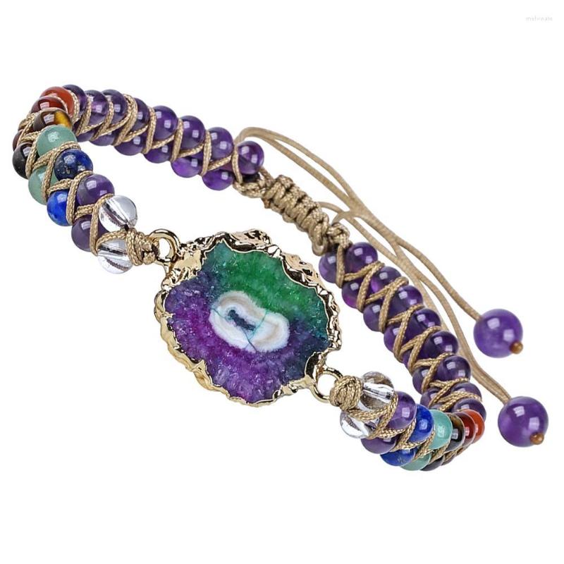 

Strand TUMBEELLUWA 7 Chakra Stone Natural Crystal Woven Bracelet Colorful Geode Pendant Bangle Double Layer Reiki Women Jewelry