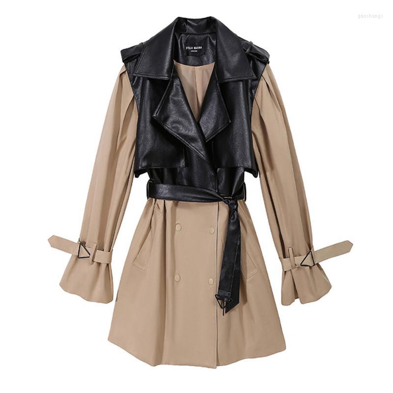 

Women's Trench Coats Women's 2022 Cotton Autumn Long Coat Pu Vest Female Double Button Splice Loose Windbreaker Korean Belted Lady, Beige