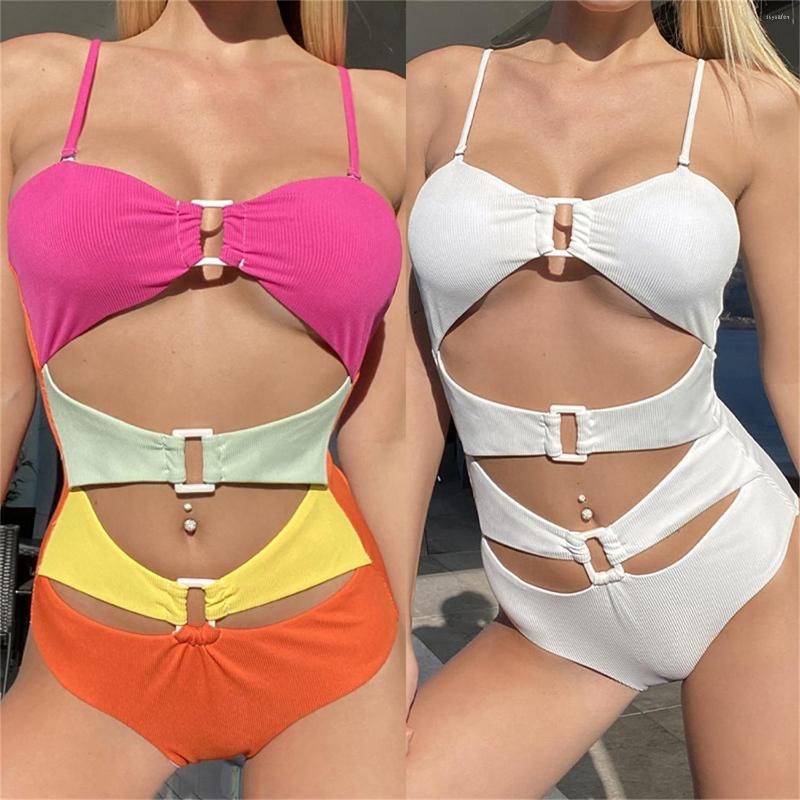 

Women' Swimwear 2022 Women' Multi-Color One Piece Swimsuit Sexy Suspenders Color Block Beach Bikini, White