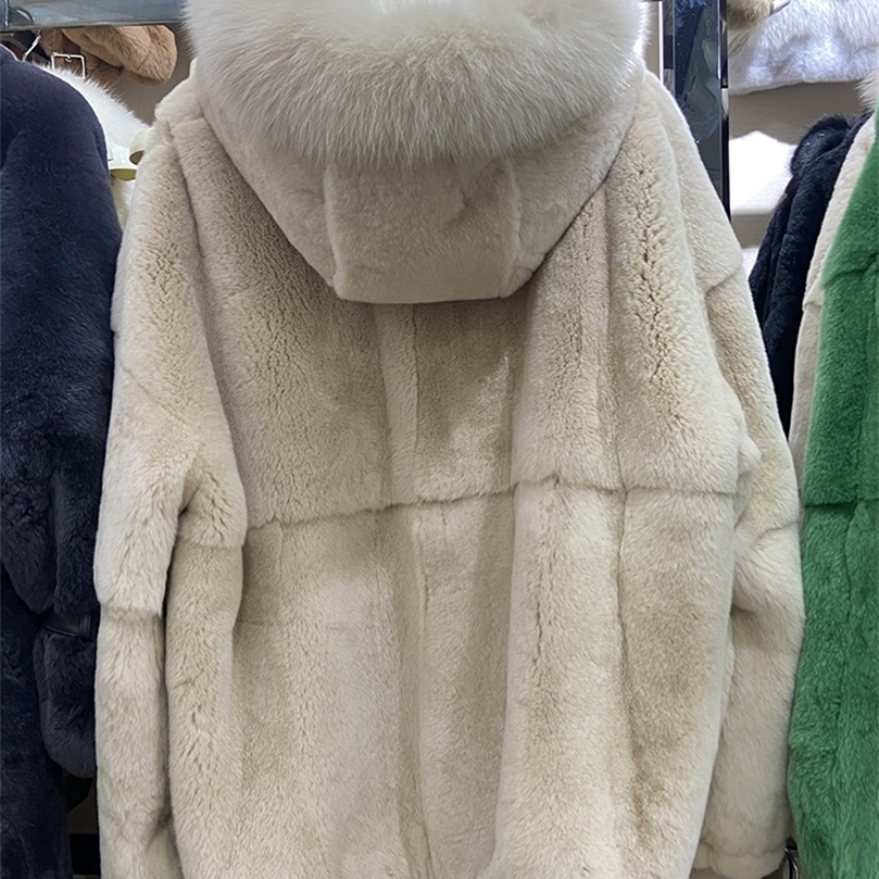 

Womens Fur Faux Women Winter Thick Warm Soft Real Rex Rabbit Hooded Collar Long Outerwear 67cm Length 220930, Milk tea