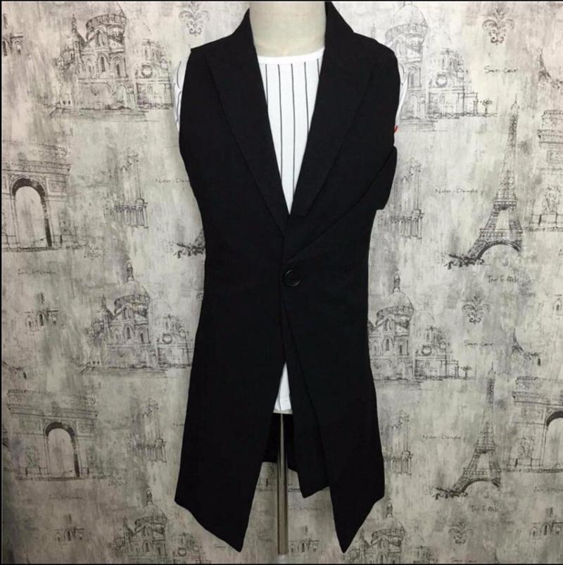 

Men's Vests -4xl Summer Fashion Sleeveless Vest Men's Medium-long Outerwear Slim Hairstylist Personality Tide Waistcoat Singer Costumes, Black