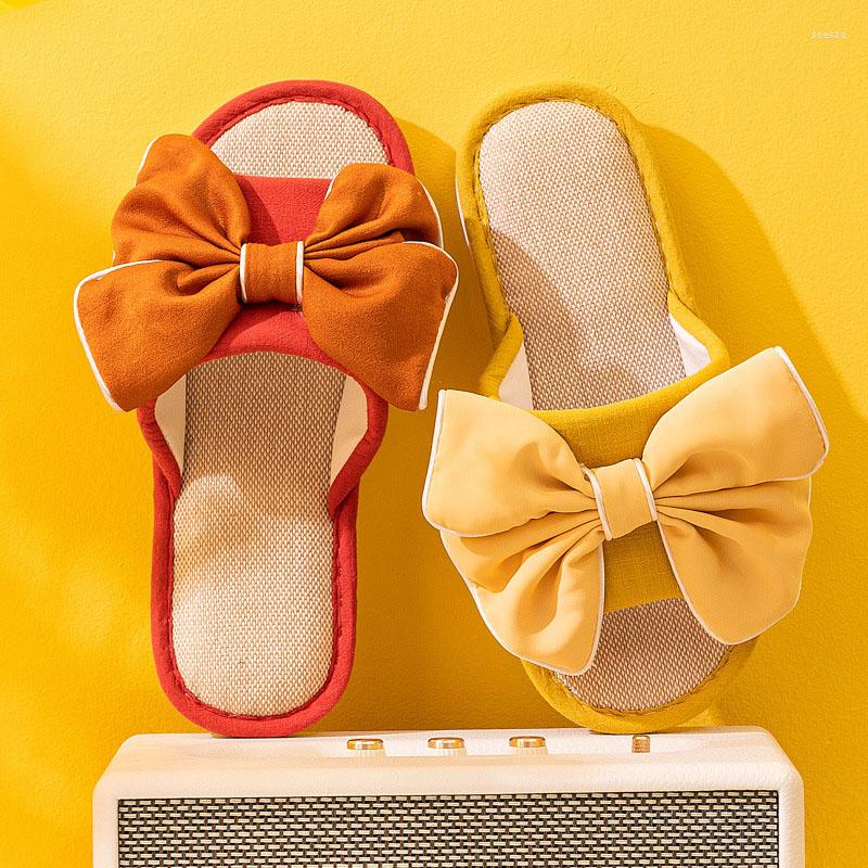 

Slippers 2022 Fashion Big Bow Spring And Summer Indoor Outdoor Comfortable Linen Floor Open-toed Women Home Shoes Y, Green