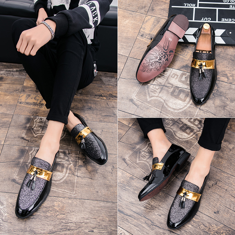

Sequined Brogue Leather Oxford Shoes Luxury Tassel Pointed Toe One Stirrup Men's Fashion Formal Casual Shoes Business Shoes Multiple Size 38-47, Black