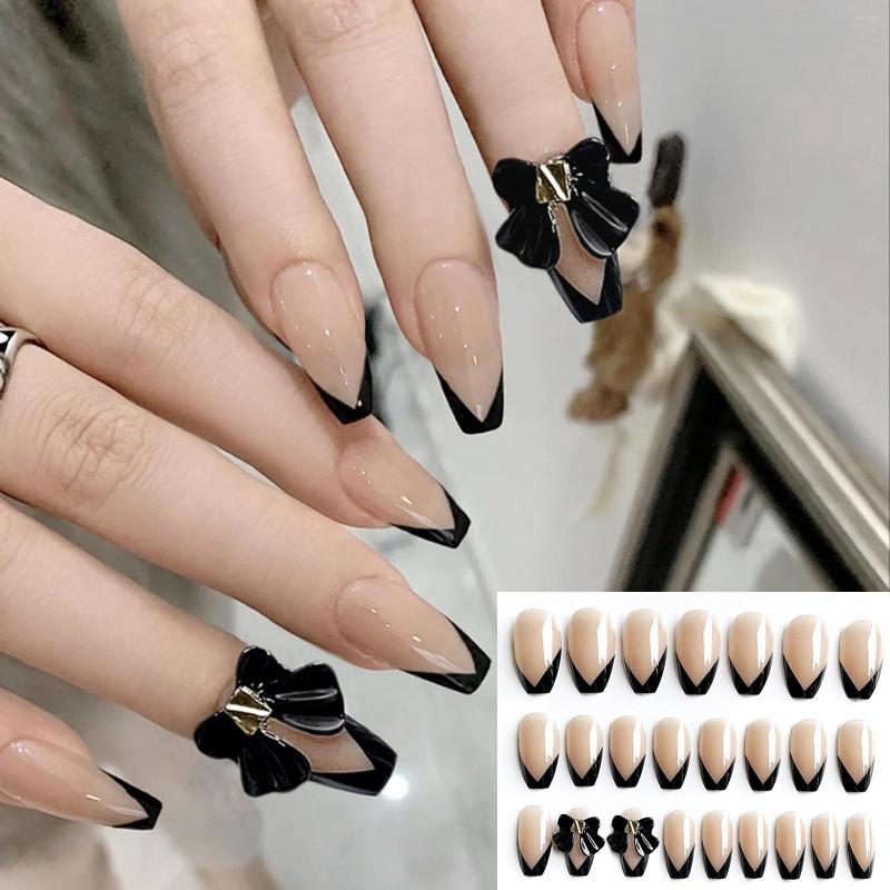 

False Nails 24pcs/Box Detachable Fashion Manicure Tool Full Cover Black French Fake Nail Tips Wearable, White
