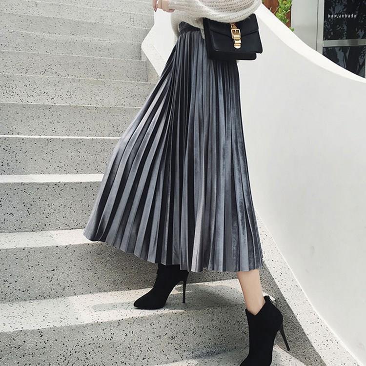 

Skirts Velvet Pleated Skirt Women' Spring And Autumn Clothing 2022 Long High Waist Woman Mujer Faldas Saias Mulher, Gray