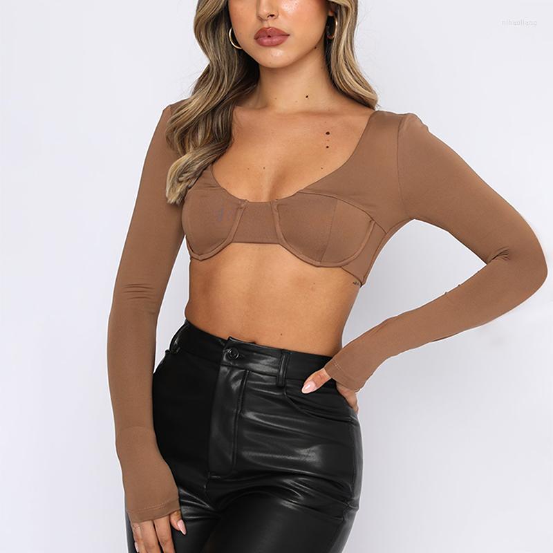 

Women' Tanks Women Sexy Crop Tops Solid Color Low Cut Long Sleeve T-shirt Fashion Backless Slim Fit Pullover Club Streetwear