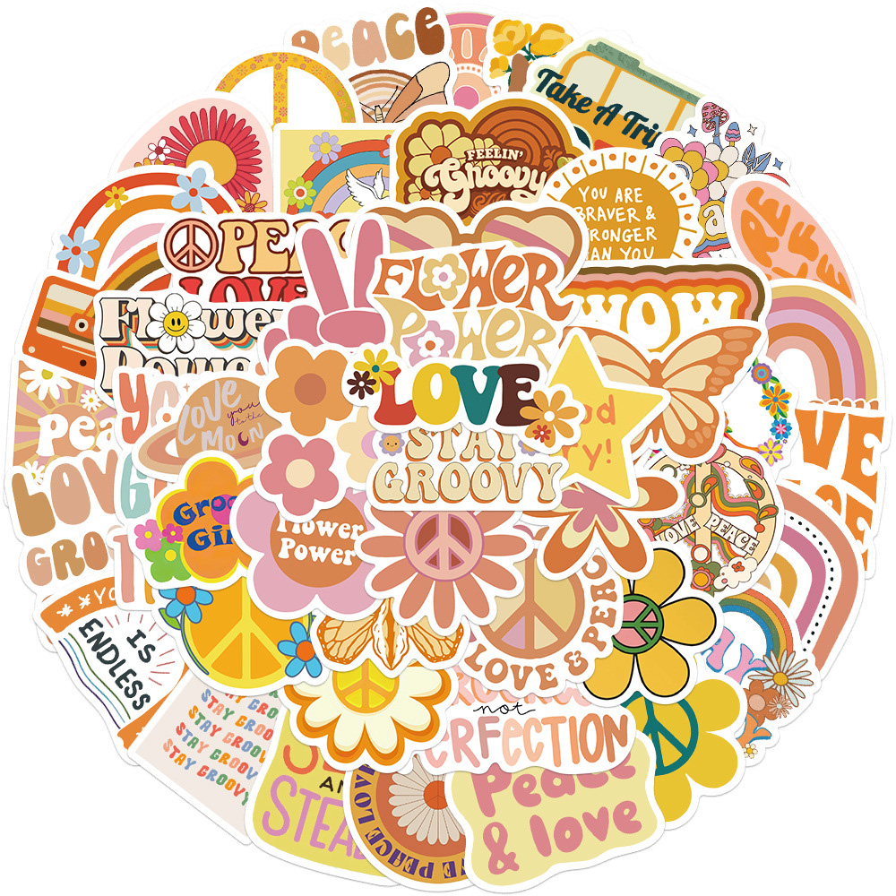 

50pcs Cute Groovy Boho Hippie Graffiti Stickers Laptop Skateboard Luggage Phone Guitar Scrapbook Kid Cartoon Sticker, Multi colors
