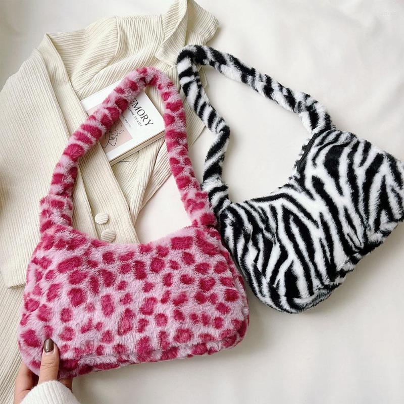 

Evening Bags Women Winter Bag Cow Print Shoulder Female Soft Plush Underarm Ladies Leopard Zebra Pattern Furry Fluffy Tote