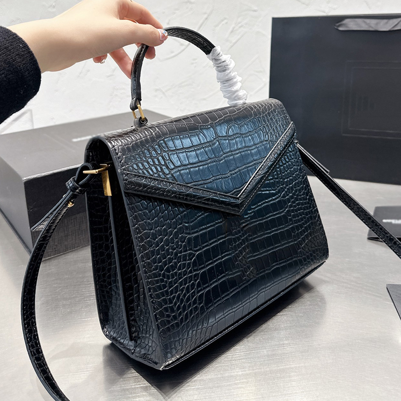 

Designer Women Cassandra Alligator Top Handle Bag France Brand Crocodile Embossed Shiny Leather Shoulder Bags Lady Metal Y Hasp Flap Crossbody Handbag 5 Colors, Red