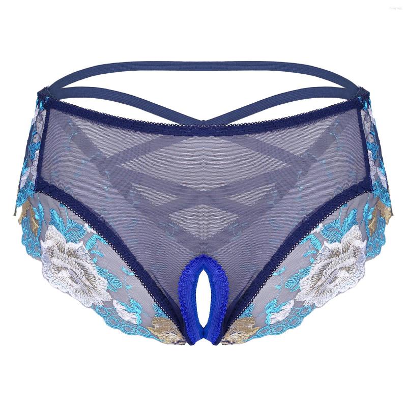 

Women's Panties Womens Flower Embroidery Crotchless Sexy See-through Mesh Low Rise Briefs Back Crisscross Underwear, White