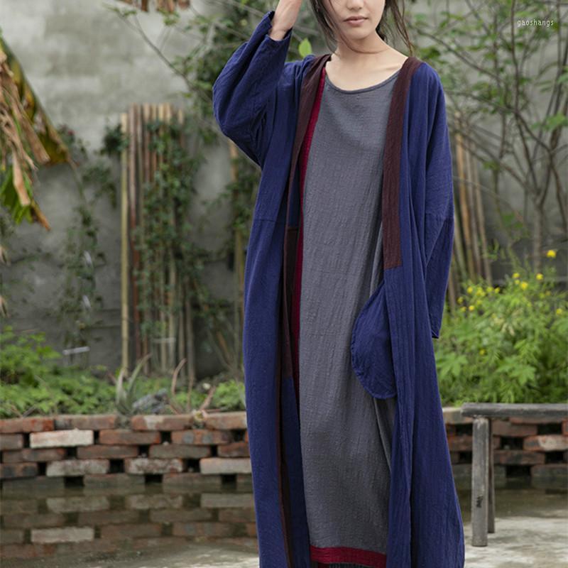 

Women's Trench Coats Plus Size Womens Cotton Linen Cardigan 2022 Autumn Spring Long Sleeve Blouse Casual Tunic Tops Shirt Female Japanese, Blue