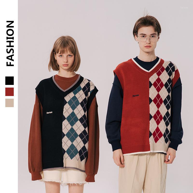 

Men's Vests Japanese Loose Couple Patchwork Argyle Sweater Vest Men's 2022 Autumn Fashion Harajuku Letter Embroidery Man Pullover, Khaki