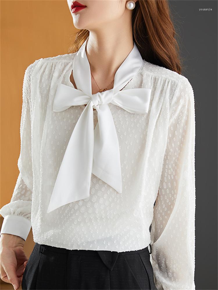 

Women's Blouses Elegant Women White Bow Tie Collar Chiffon Blouse Long Sleeve For Office Lady Stylish Female Pullover Tops Streetwear -3XL, Ivory