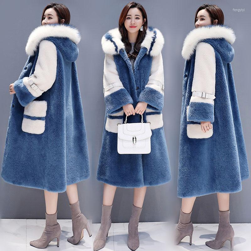 

Women's Fur 2022 High Quality Lmitation Wool Coats False Collar Hooded Jacket Long Winter Jackets Slim Elegant Women Overcoat, Blue