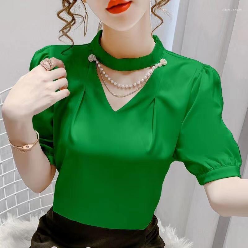 

Men's Casual Shirts Short-Sleeve Chiffon Shirt Women's Loose Pearl Chain Halter 2022 Summer Solid Color Fashion V-neck Top, Beige