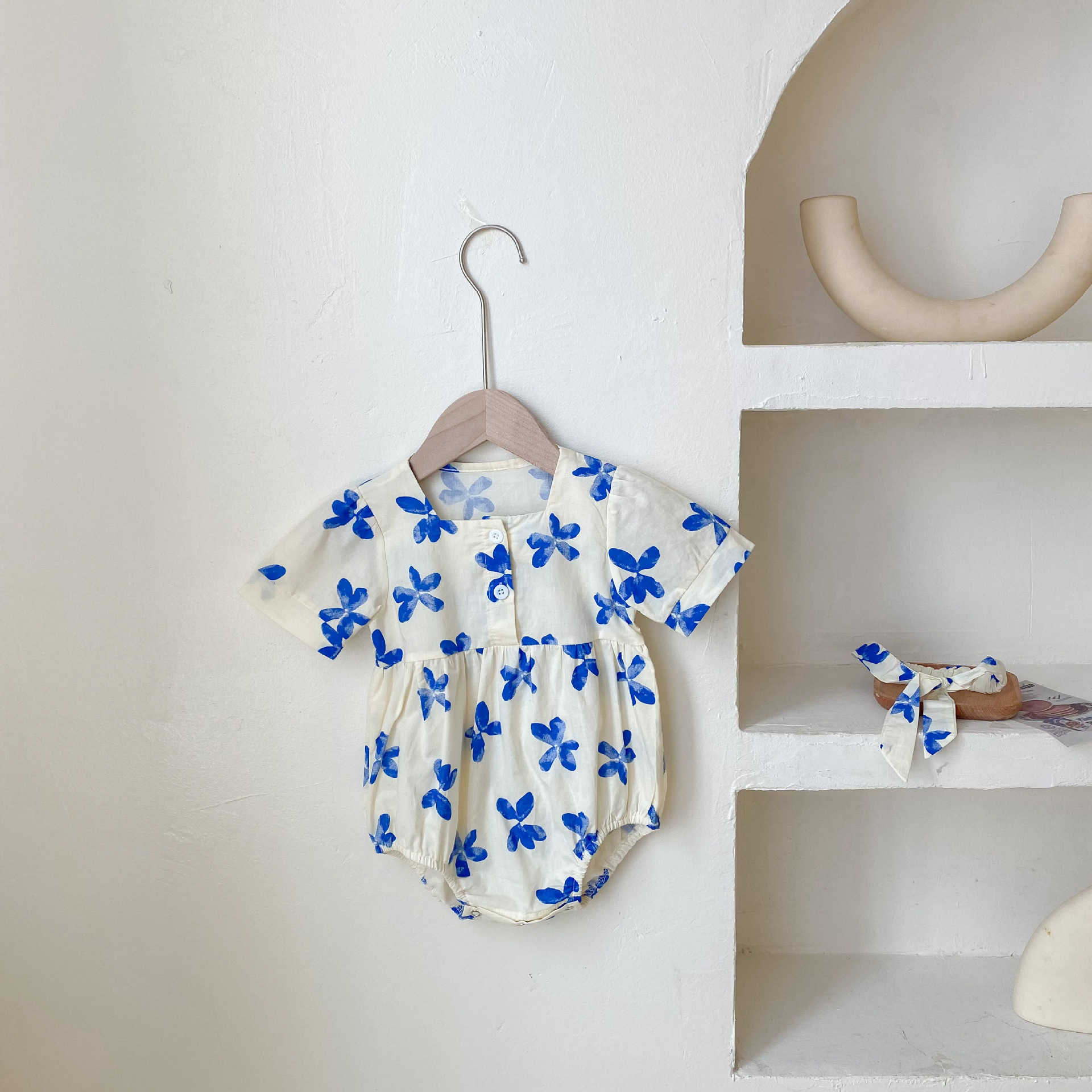 

Rompers Newborn Baby Fashion Clothing Thin Blue Bow Print Jumpsuit Cotton Short Sleeve Outerwear Bodysuit Toddler Outfits With Headband J220922