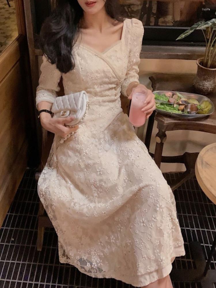 

Casual Dresses Fairy Vintage V-Neck Lace Midi Dress Women Evening Party Elegant Female Embroidery Floral Designer One Piece Drees Korean, Apricot