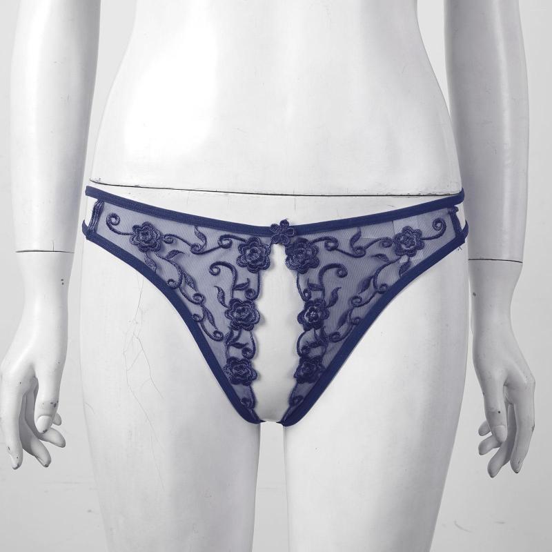 

Women's Panties Women Sexy See-through Flower Embroidery Crotchless Lingerie Low Waist T-back Briefs Underwear, Black