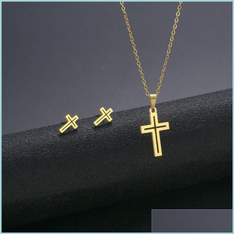 

Pendant Necklaces Pendant Necklaces European And American Stainless Steel Cross Necklace Earrings Set For Womenpendant Drop Mjfashion Dhtlg