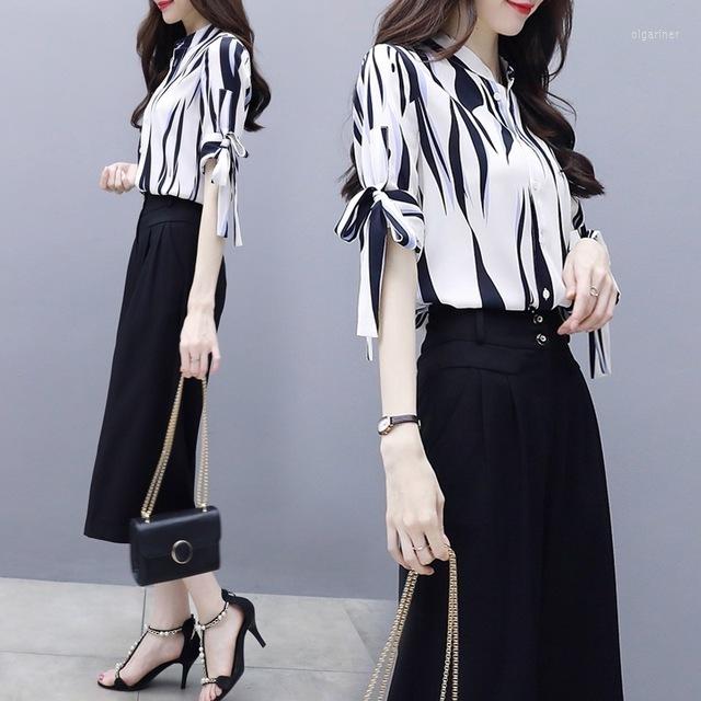 

Women' Tracksuits Women Chiffon Pant Suits Formal Elegant Office Ladies Work Pantsuits Blouse Top Wide Leg Pants 2 Piece Set Outfits Femme, Black