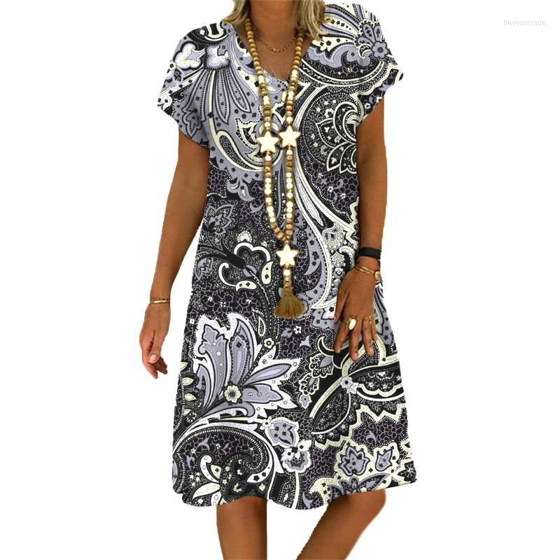 

Casual Dresses Elegant Fashion Tie Dye Floral Mini Dress Summer V-Neck Short Sleeve Oversize Loose Robe Woman Clothing 2022Casual