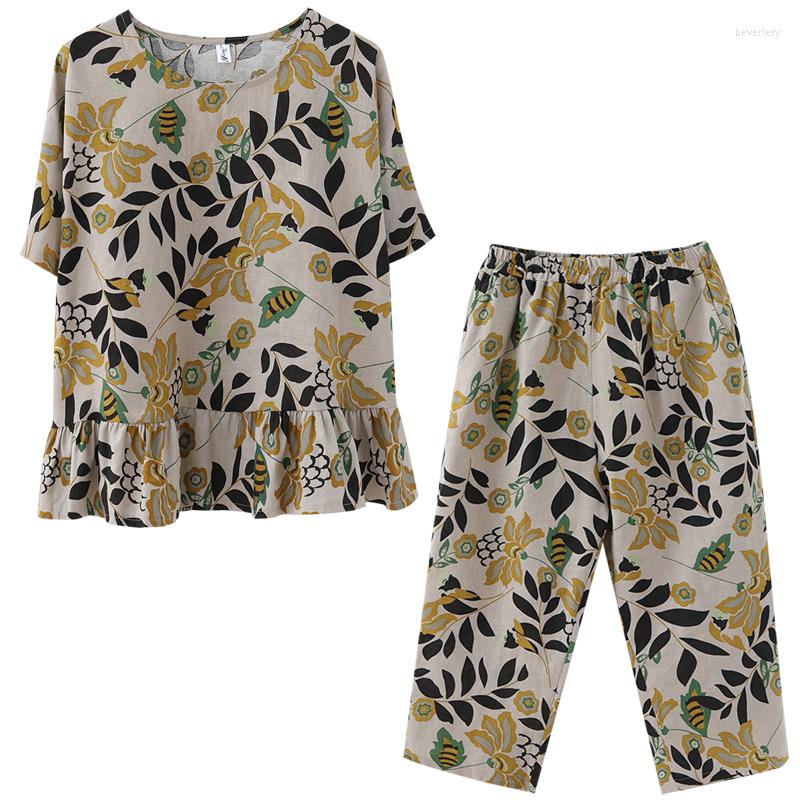 

Women's Tracksuits Summer Outfit Korean Large Size Loose Cotton Linen Two-Piece Suit Ruffled Short-Sleeved Comfortable Wide-Leg Pants Women, Orange ink