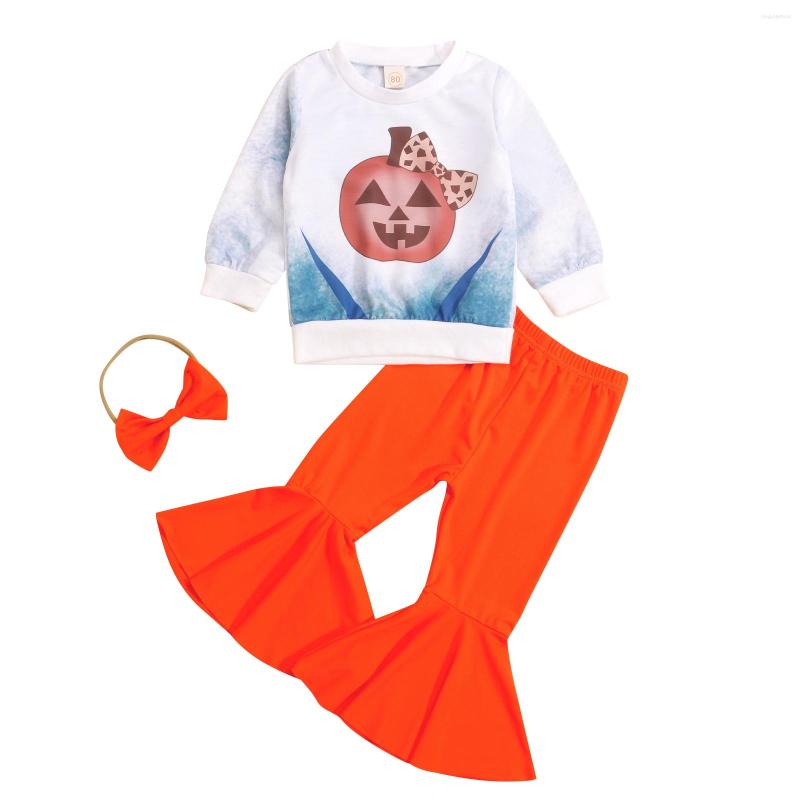 

Clothing Sets 3 Pieces Kids Suit Set Pumpkin Print O-Neck Long Sleeve Tops Solid Color Flared Trousers Hairband For Toddler 1-5 Years, Picture shown