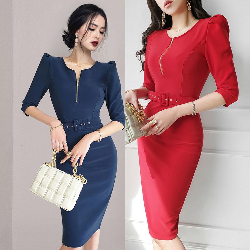 

Work Dresses 2 summer wear han edition contracted temperament cultivate one' morality in the long closed pockets hip career women Dress 221006, Dark purple