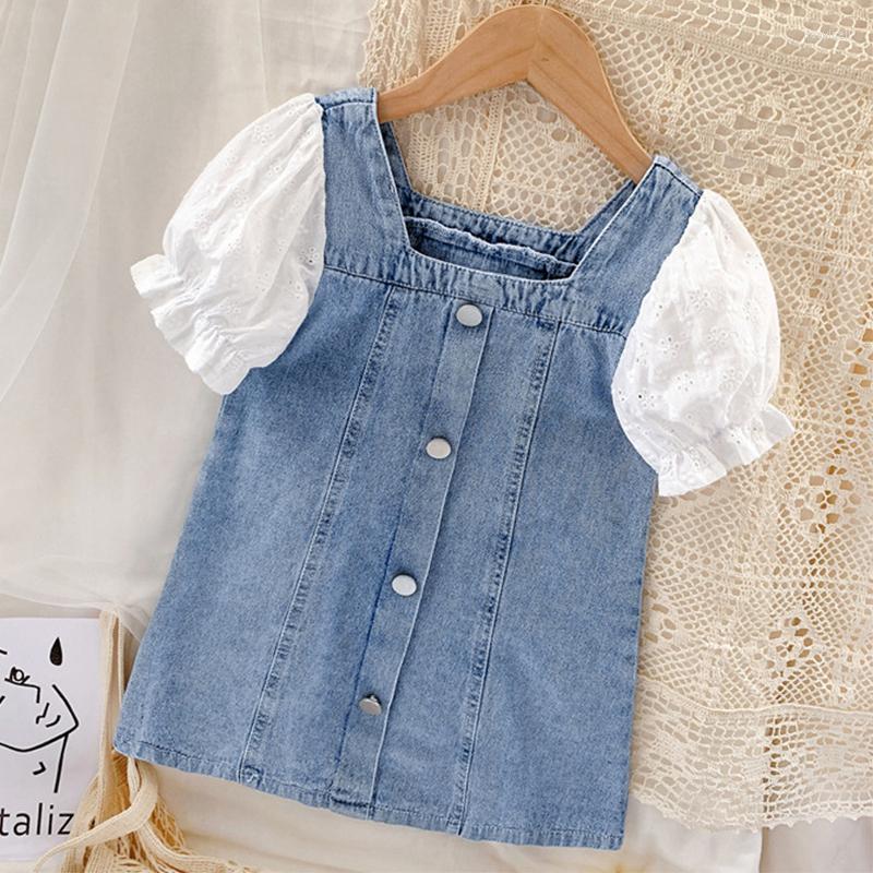 

Girl Dresses Summer Girls Dress Sweet Lace Puff Sleeve Square Collar Patchwork Denim Toddler Kids Clothes Birthday Princess Costume, As the picture