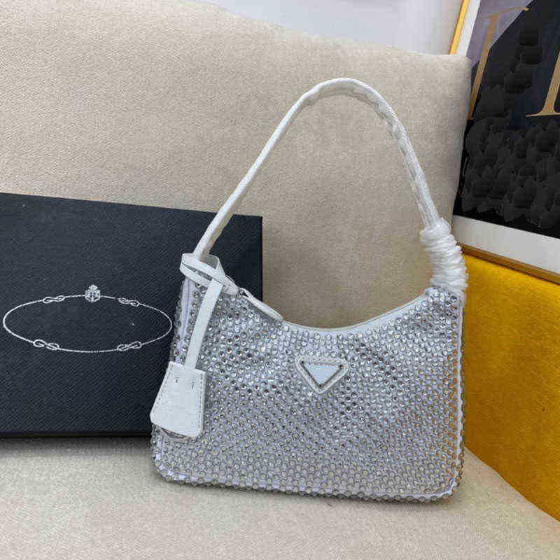 

High Quality Handbag Leather Material Luxury Designer Bag Shiny Rhinestone Shoulder Fashion Ladies Underarm s Retro Zipper Closure, Black and white