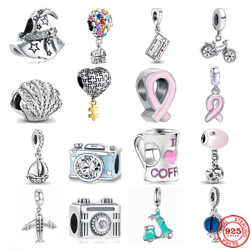 

925 Silver Fit Pandora Charm 925 Bracelet Shell Airplane Camera Sail Boat Dangle Love charms set Pendant DIY Fine Beads Jewelry