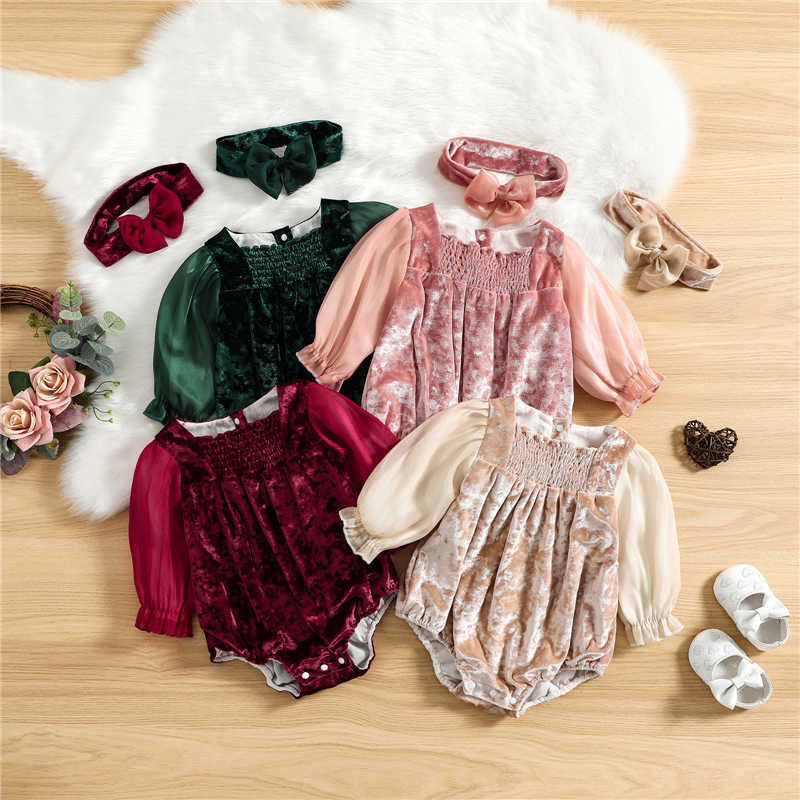 

Rompers Baby Girls Autumn Jumpsuits Outfit Patchwork Long Sleeves Velvet Romper And Headband Set For Toddler Baby Clothes J220922, Green