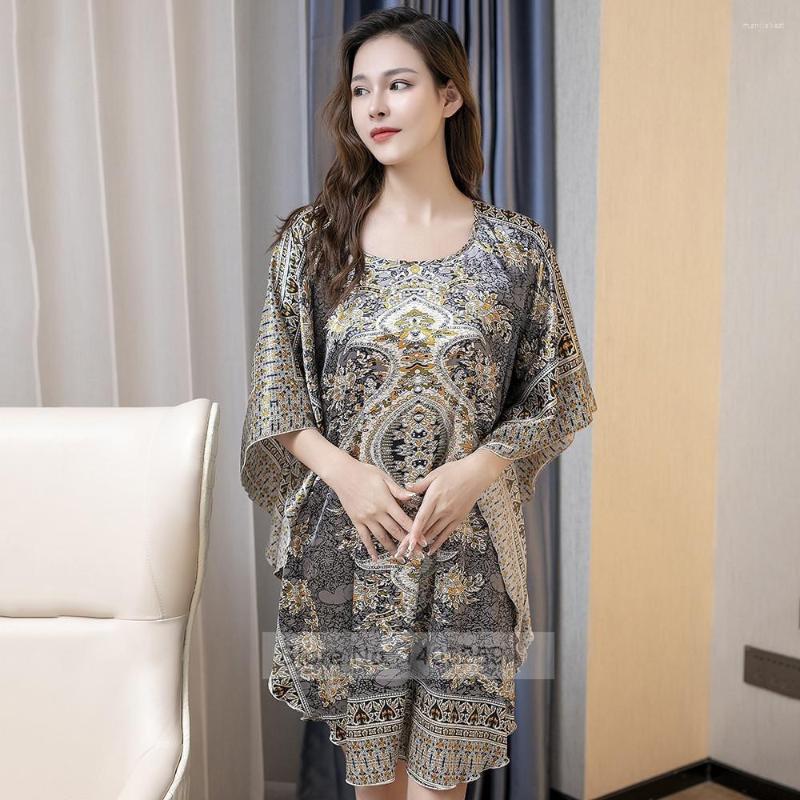 

Women's Sleepwear Plus Size Women Nightgown Print Nightwear Bathrobe Summer Bat Sleeve Female Nightdress Loose Satin Home Dressing Gown, Style 19