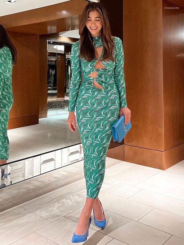 

Casual Dresses Ailigou 2022 Fall Women's Sexy Long Sleeve Skinny Dress Women Cutout Green Print Elegant Celebrity Party