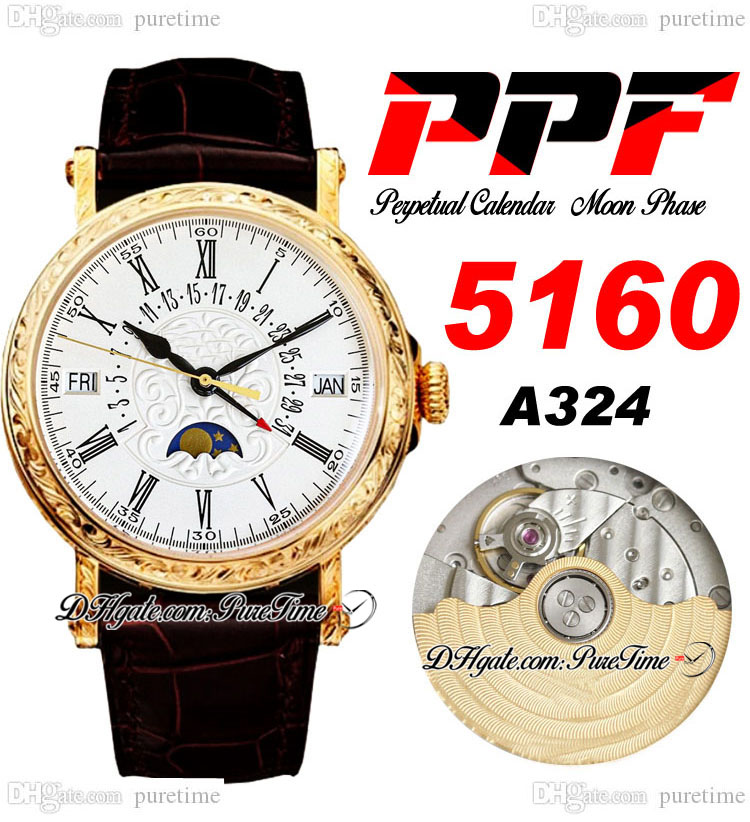

PPF Perpetual Calendar 5960R A324 Automatic Mens Watch Moon Phase 38mm Yellow Gold Engrave Silver Flowers Totem Dial Roman Brown Leather Super Edition Puretime C3