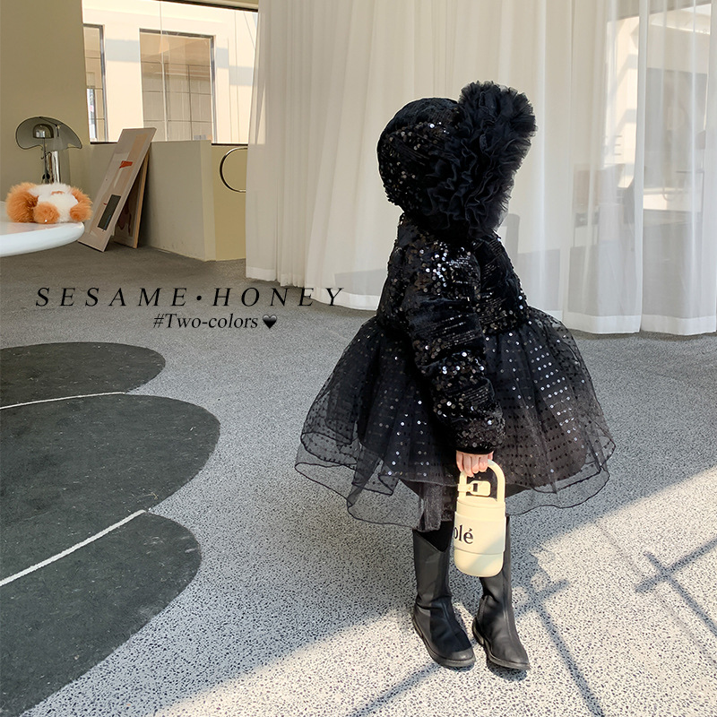 

Winter kids white duck down coat girls sequins velvet splicing gauze princess outwear children lace falbala hooded long coats Q9043, Black