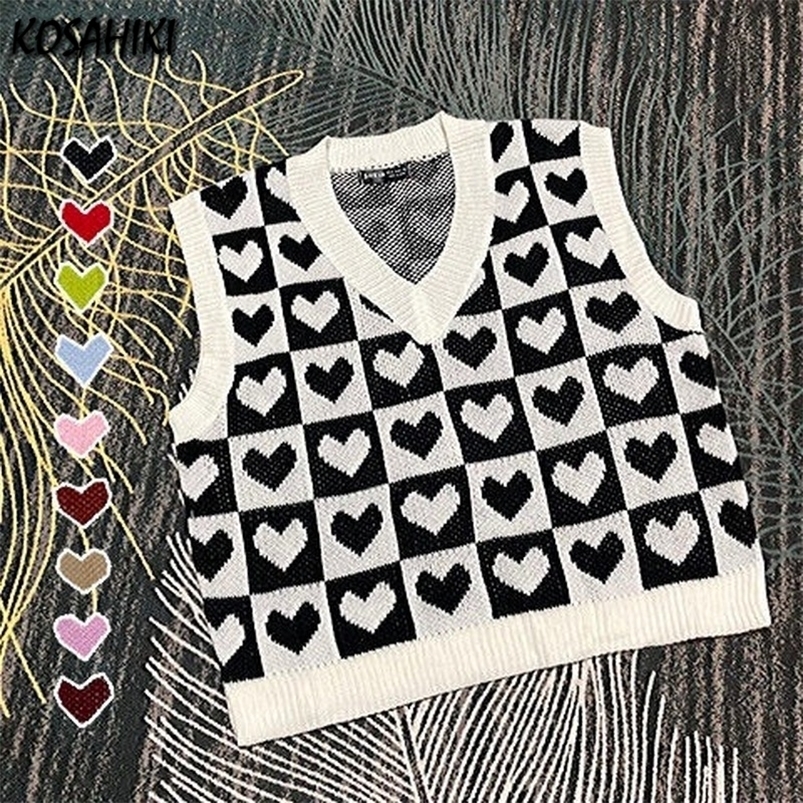 

Women's Sweaters KOSAHIKI Classic Heart Plaid Knitted Sweater Vest Women 9 Colors Crop Loose Waistcoat Y2k Harajuku Autumn Hip Hop Knitwear Tops 221006, Black